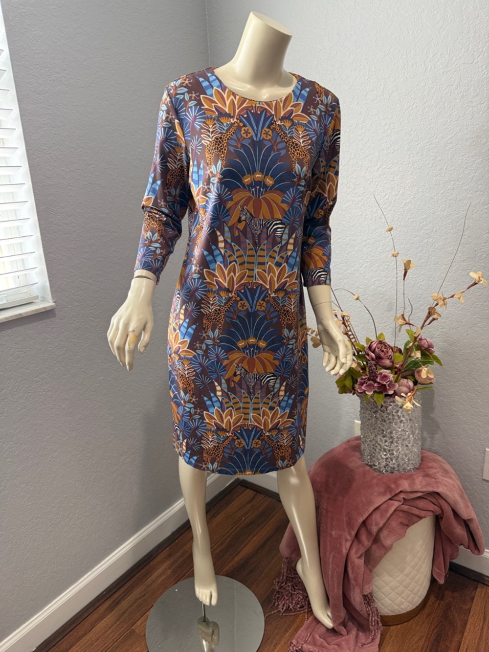 J. McLaughlin Blue and Mustard Floral-Print Long Sleeve Sheath Dress